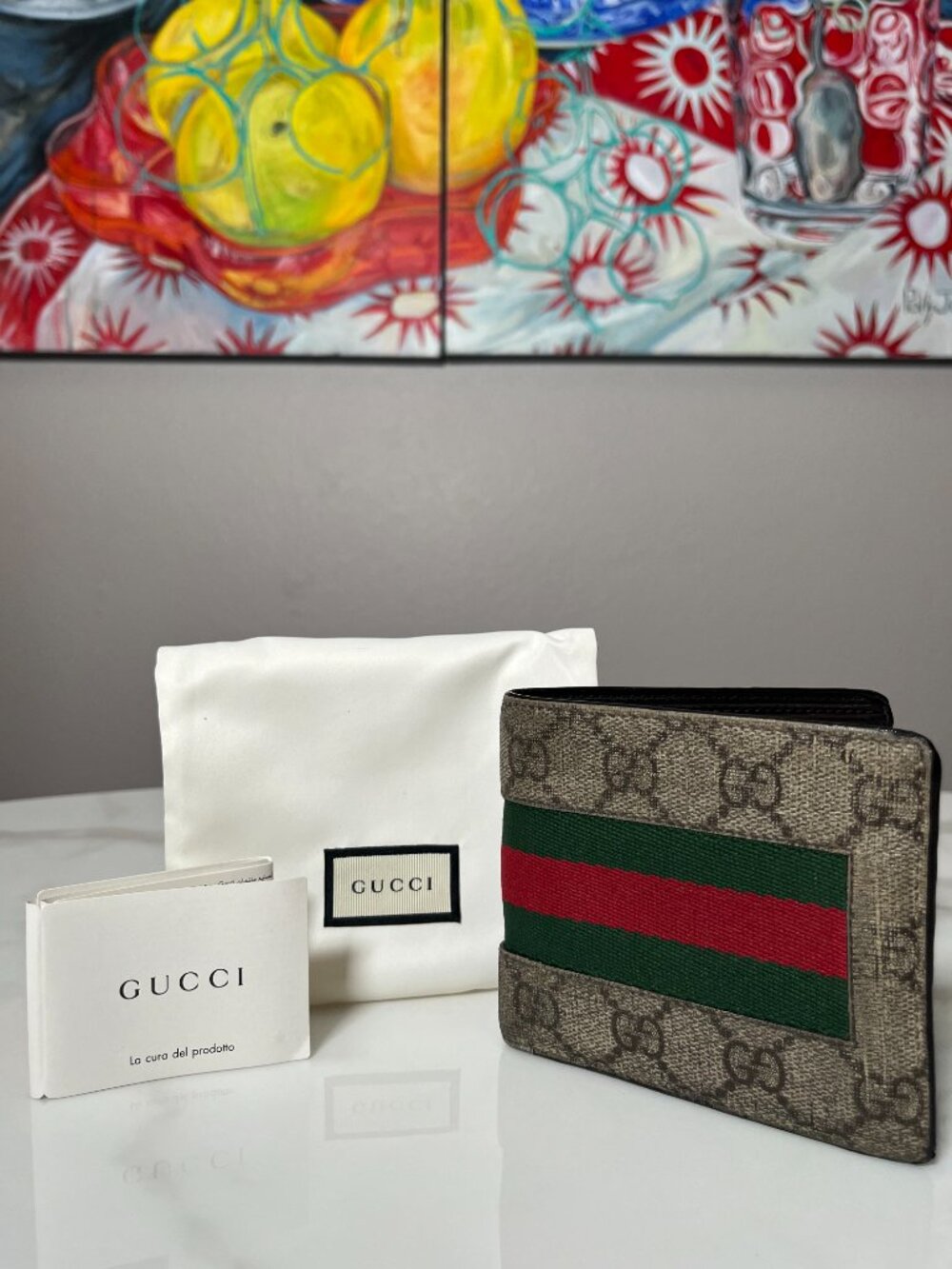 Gucci GG Supreme Web Stripe Bifold Leather Wallet Coin Pocket + Dust Bag